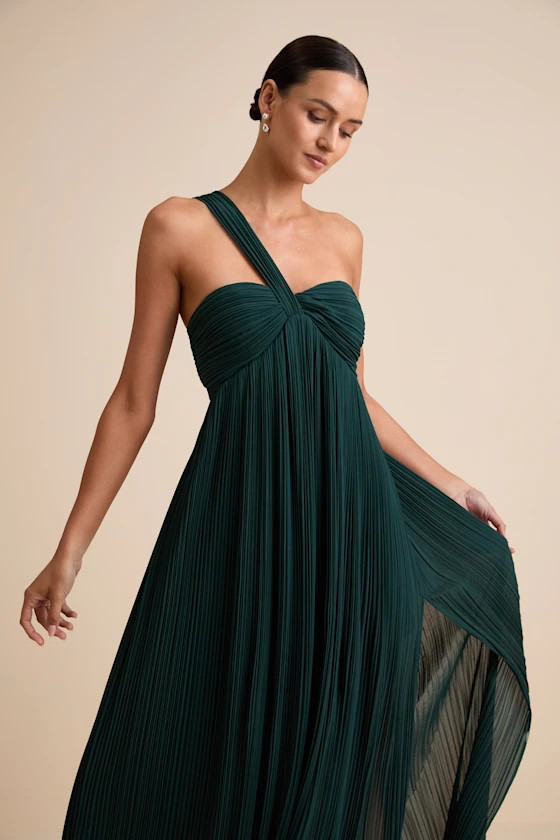 Cayton Emerald Pleated One-Shoulder Maxi Dress | Lulus