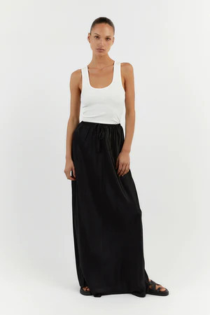 BLOOM SHINY BLACK SATIN MIDI SKIRT | DISSH