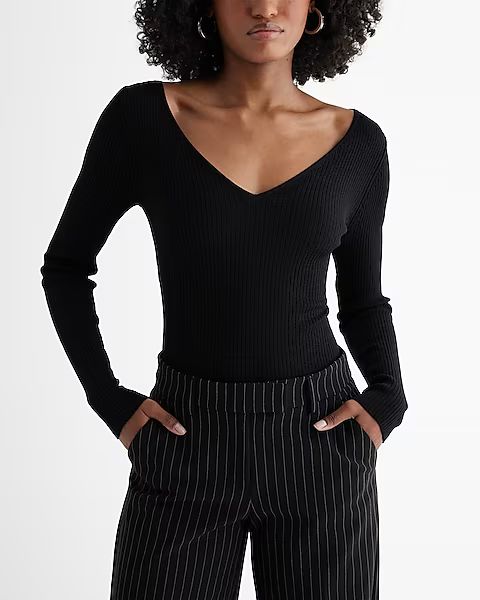 Silky Soft Fitted Ribbed Double V-Neck Sweater | Express (Pmt Risk)