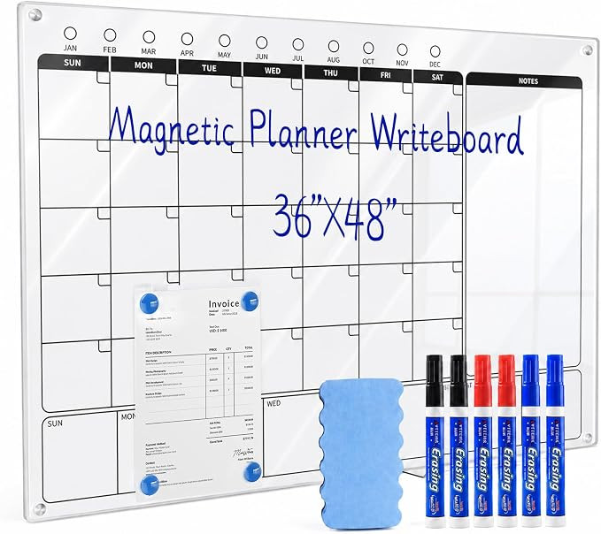48" x 36" Magnetic Ultra-White Glass Calendar 3-in-1 Monthly & Weekly Planner - Frameless Premium... | Amazon (US)