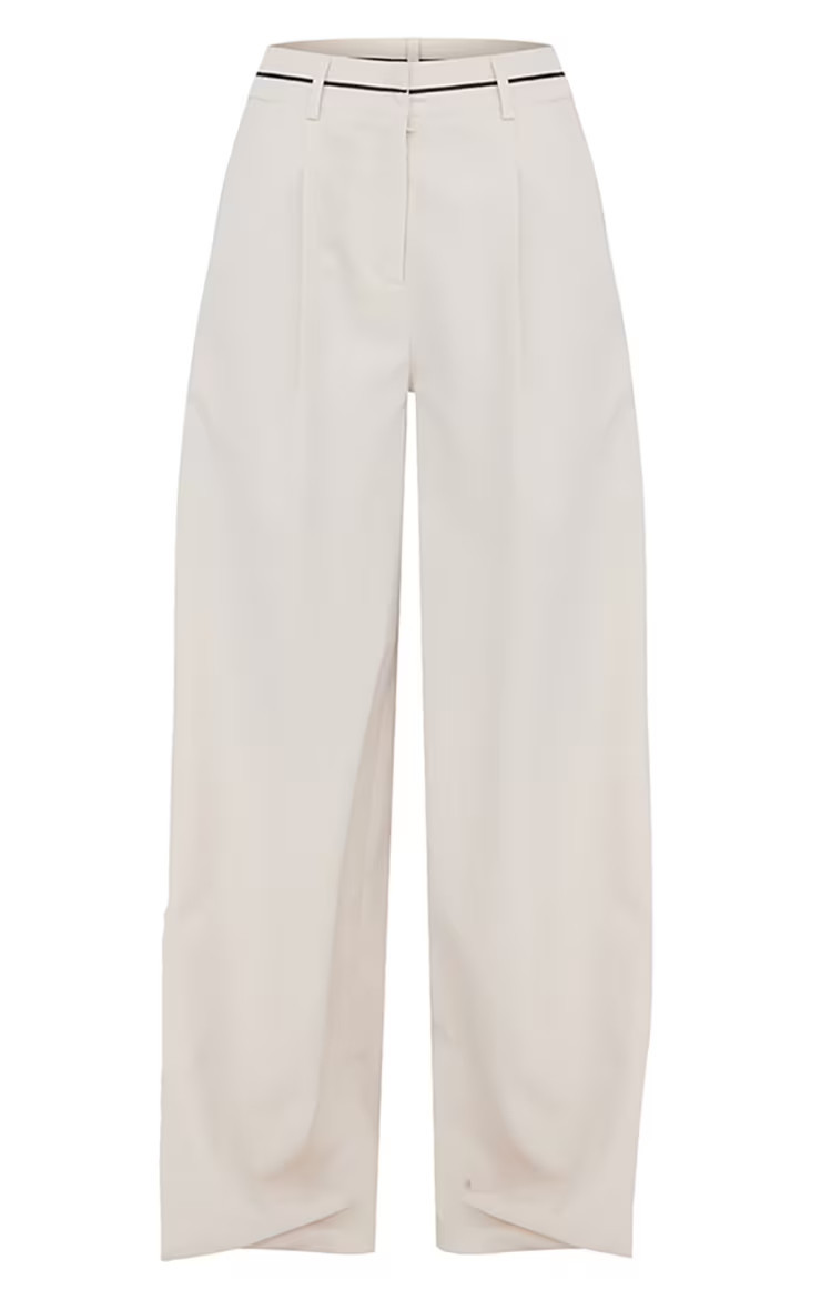 Cream Woven Contrast Waistband Tailored Wide Leg Trousers | PrettyLittleThing UK