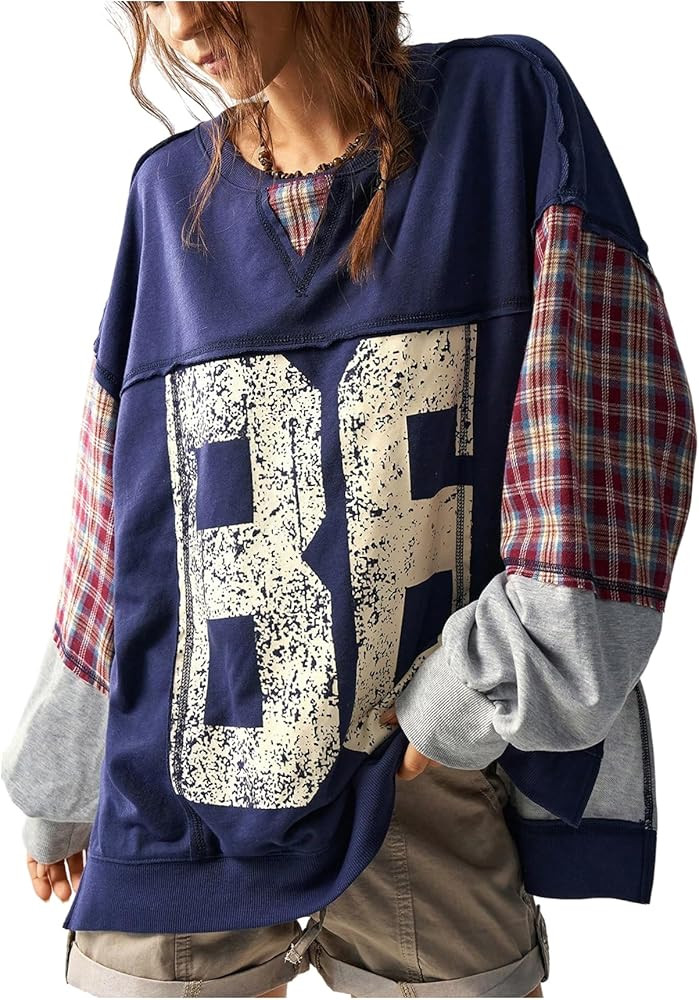 WDIRARA Women's Number Graphic Plaid Patchwork Sweatshirt Jersey Shirts Crewneck Long Sleeve Pull... | Amazon (US)