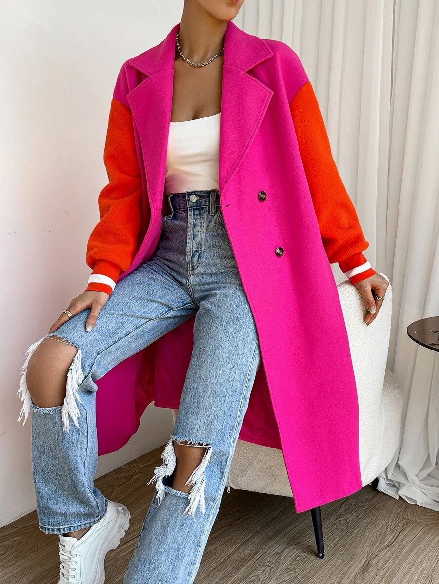 SHEIN EZwear Colorblock Drop Shoulder Double Breasted Overcoat | SHEIN