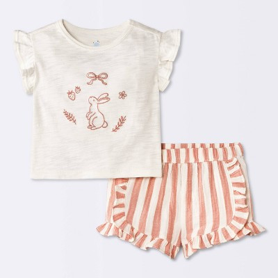 Baby Girls' 2pc Bunny Graphic Embroidered Ruffle T-Shirt and Striped Shorts Set - Cloud Island™ Cream 0-3M | Target