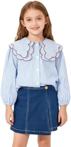 Girl's Outfits Striped Button Down Blouse Long Sleeve Loose Fit Preppy Shirt+Skirts with High Wai... | Amazon (US)