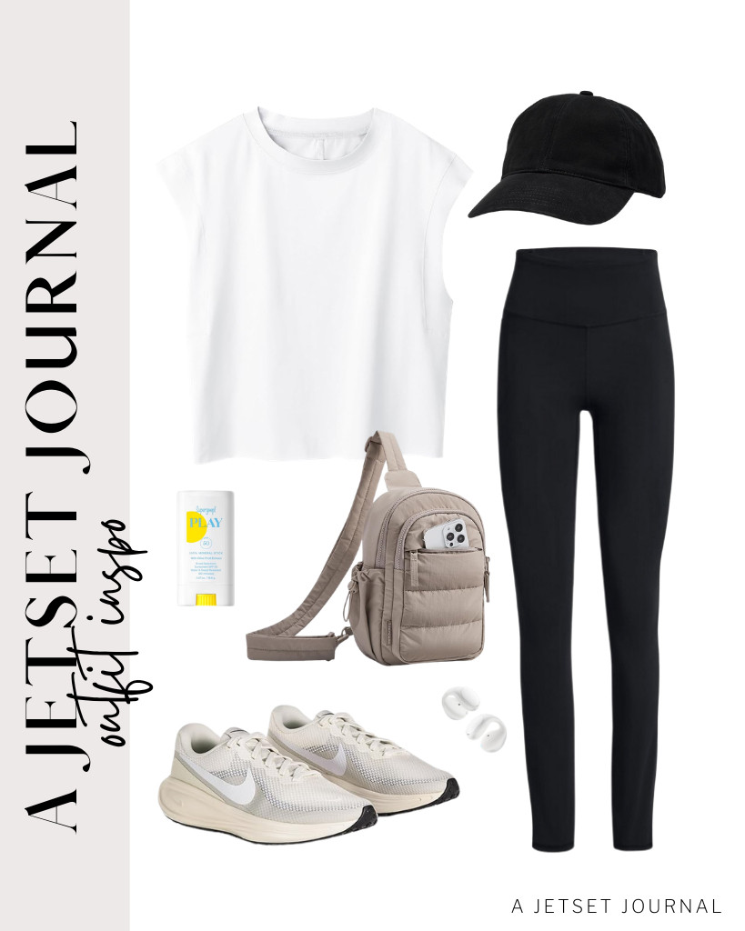 Our first outfit is with this comfy white tank top with high-waisted leggings. Pair with this sling bag from BAGSMART and comfy Nike sneakers. Pop on this cool baseball cap from Amazon Essentials and Soundcore C30i earbuds for an effortless, on-the-go vibe.

#LTKSeasonal #LTKSaleAlert #LTKTravel 

 