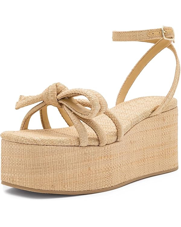 Raffia Platform Sandals for Women,Bow Ankle Strappy Espadrille Wedges Sandals Comfortable Square ... | Amazon (US)