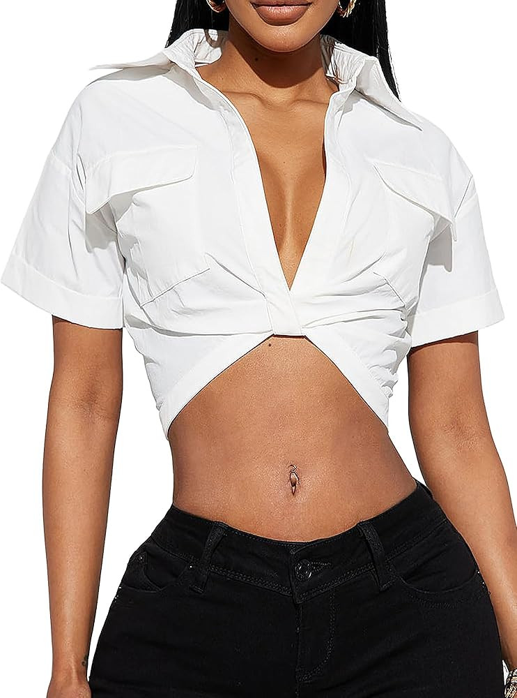 SUNNOW Women's Short Sleeve Crop Tops Collared V Neck Shirt Casual Blouse with Front Pockets and ... | Amazon (US)