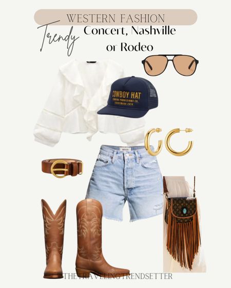 Trendy, rodeo fashion, cowboy hat, cowboy, trucker, hat, fringe bag, gold, hoops, booties, boots, cowgirl, cowboy, jeans, shorts, spring outfit, concert outfit, Nashville outfit, radio outfit, trendy country, concert, outfit, music festival, spring outfit, summer outfit, white blouse, travel outfit, western BoHo chic hippie

#LTKsalealert #LTKfindsunder50 #LTKfindsunder100