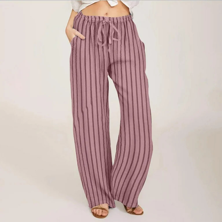 Ynynloco Womens Striped Linen Pants Casual Drawstring Stripe Pants Wide Leg High Waist Cotton Loo... | Walmart (US)