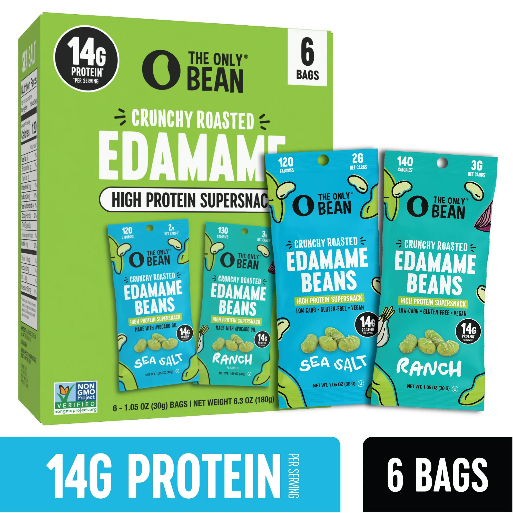 The Only Bean Roasted Edamame Beans Sea Salt & Ranch Variety Pack, 1.05 oz, 6 ct | Walmart (US)