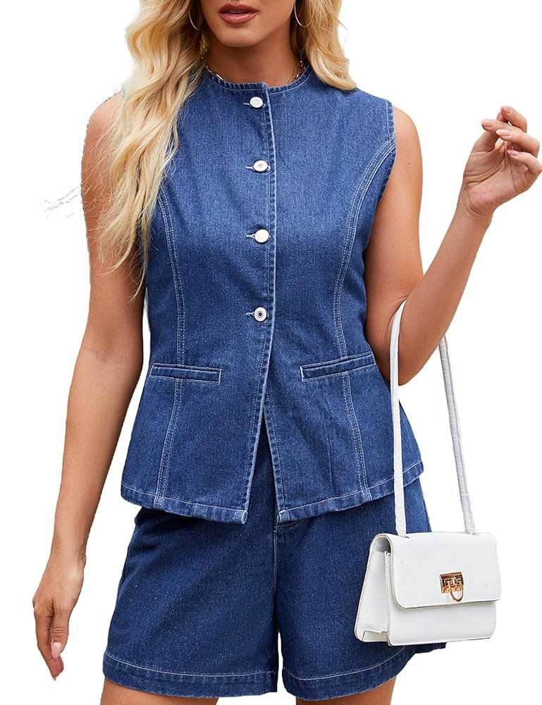 Denim Vest Women Jean Vest Tops Button Down Sleeveless Denim Tank Tops Crew Neck Summer Trendy Wa... | Amazon (US)