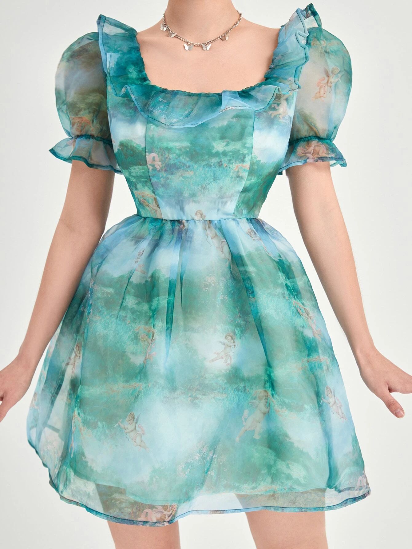 SHEIN Cupid Print Puff Sleeve Ruffle Trim Organza Dress | SHEIN