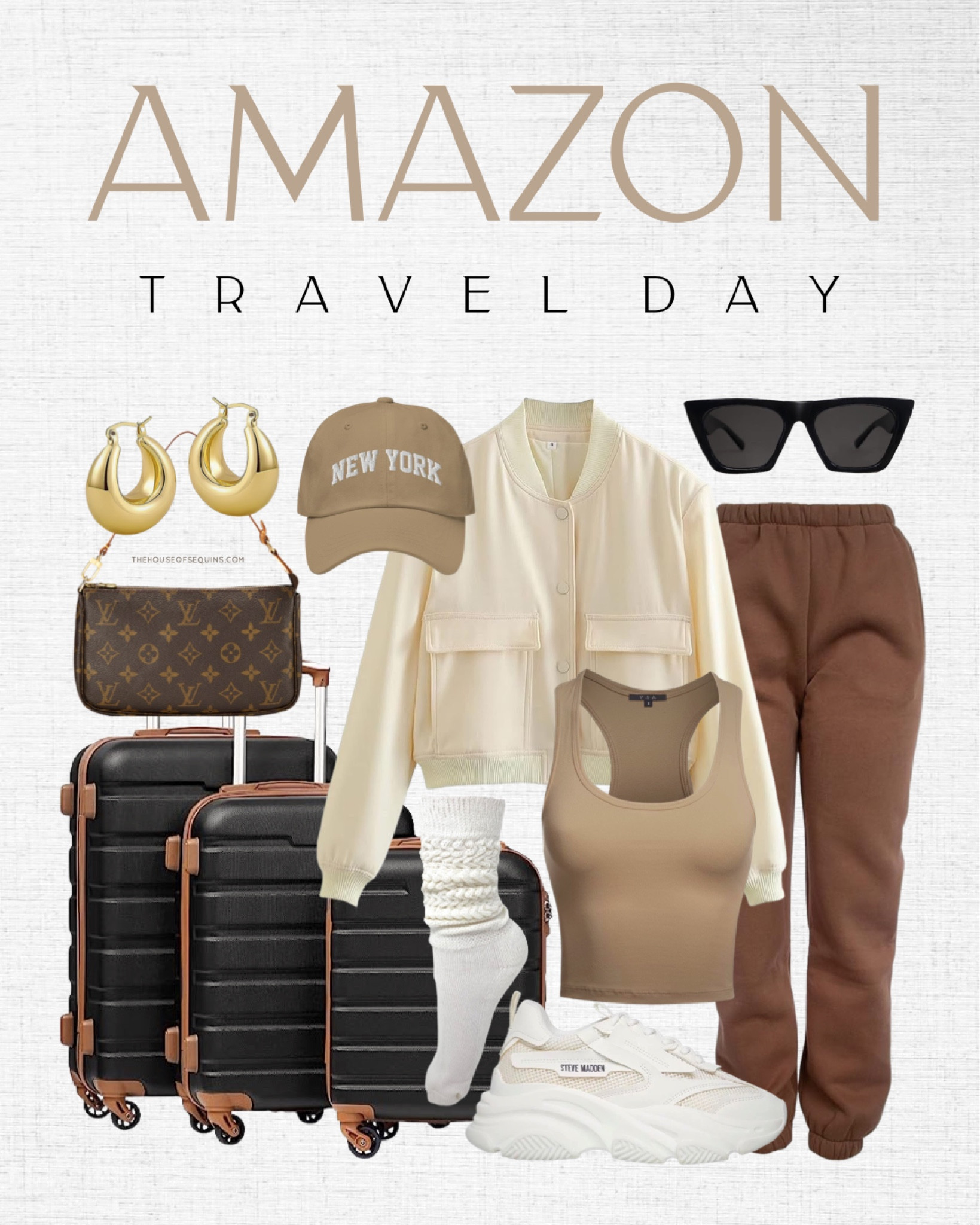 Shop this Amazon travel outfit! Monochromatic tonal casual fall outfit, airport look, brown sweatpants, bomber jacket, chunky dad sneakers, hardside luggage set and more! 

Follow my shop @thehouseofsequins on the @shop.LTK app to shop this post and get my exclusive app-only content!

#liketkit 
@shop.ltk
https://liketk.it/4gmoS

#LTKstyletip #LTKSeasonal #LTKtravel