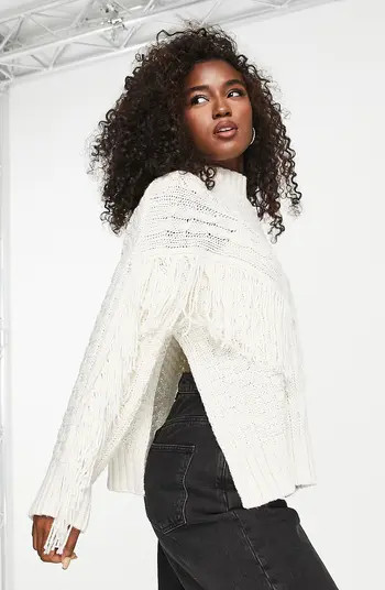 Fringe Trim Side Slit Cable Sweater | Nordstrom