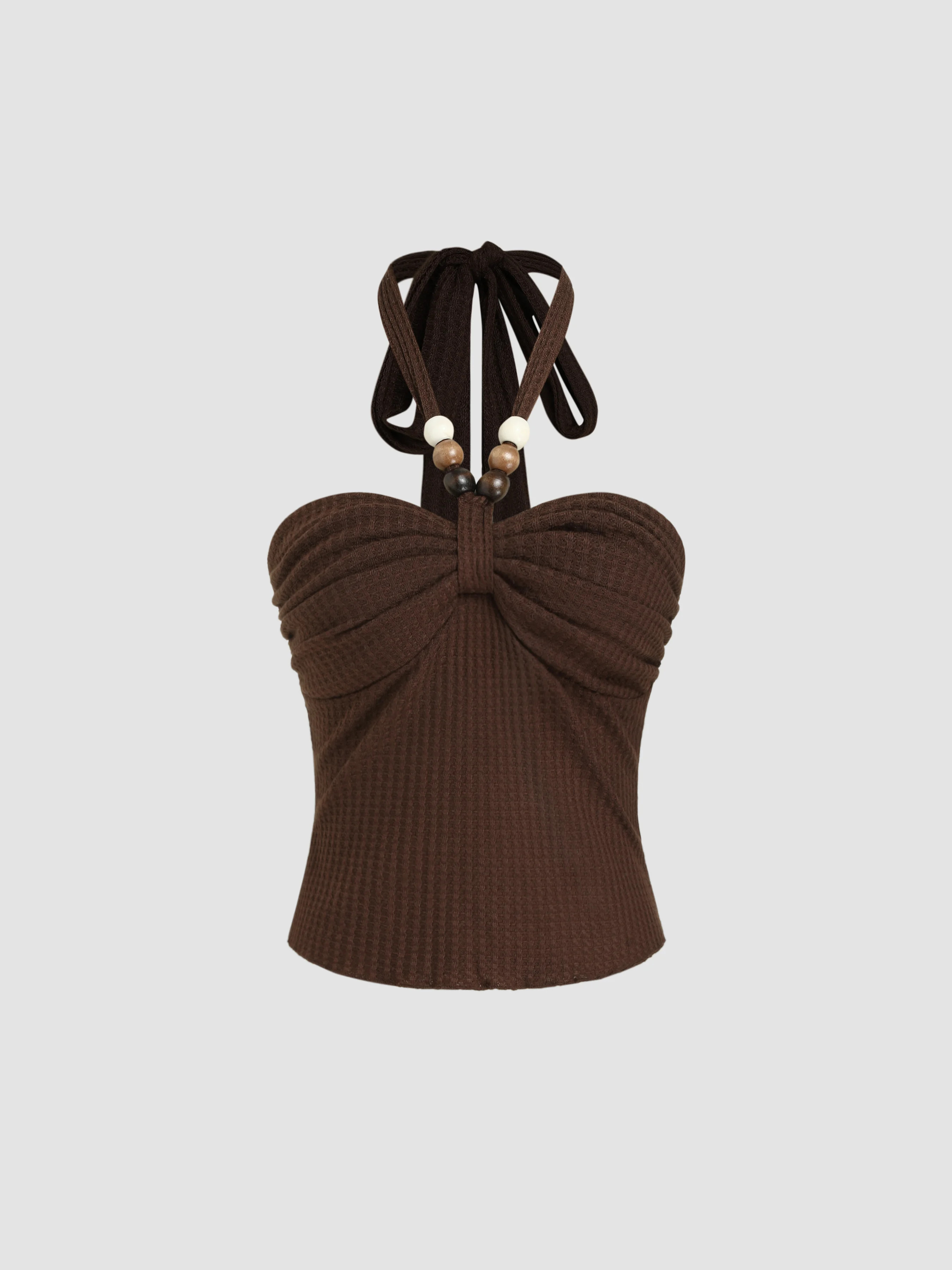Knit Fabric Halter Neckline Wooden Bead Crop Top | Cider