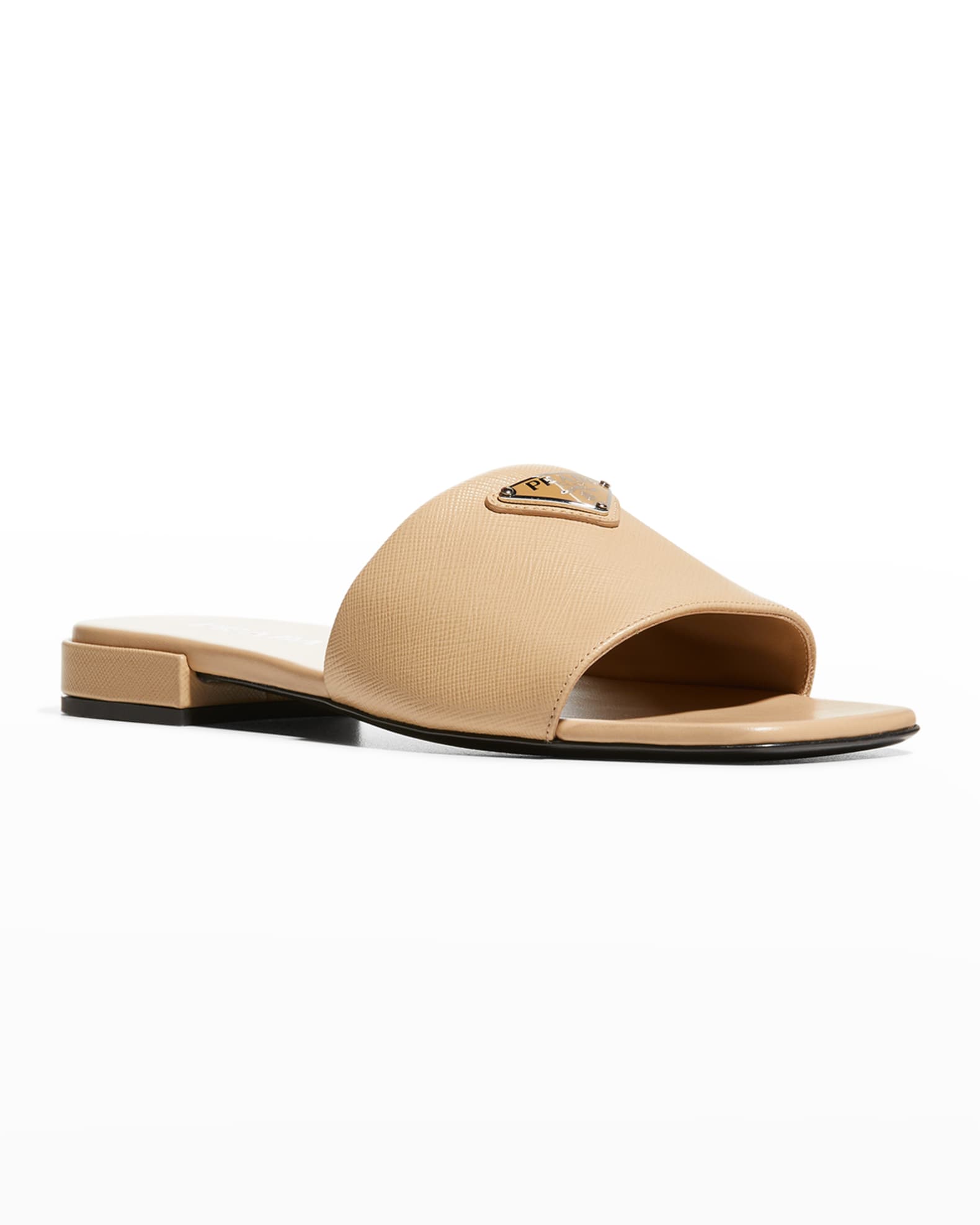Calfskin Logo Flat Slide Sandals | Neiman Marcus