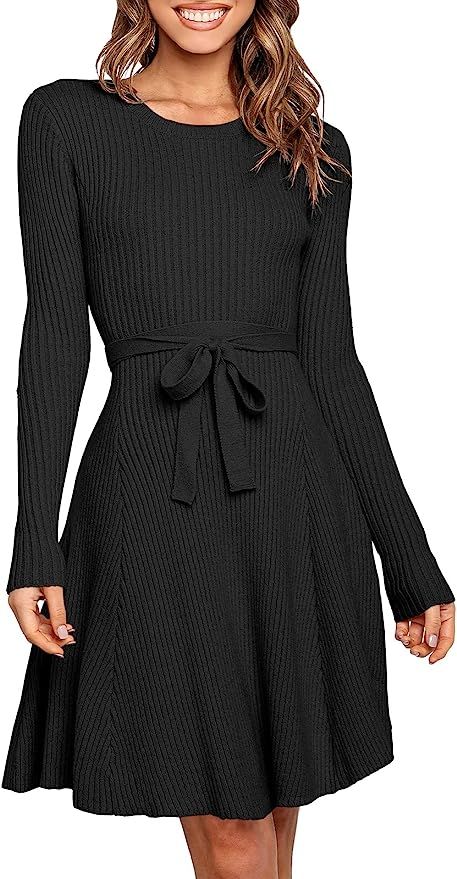 ANRABESS Women's Crewneck Long Sleeve Tie Waist A-Line Swing Bodycon Short Dress Casual Solid Rib... | Amazon (US)