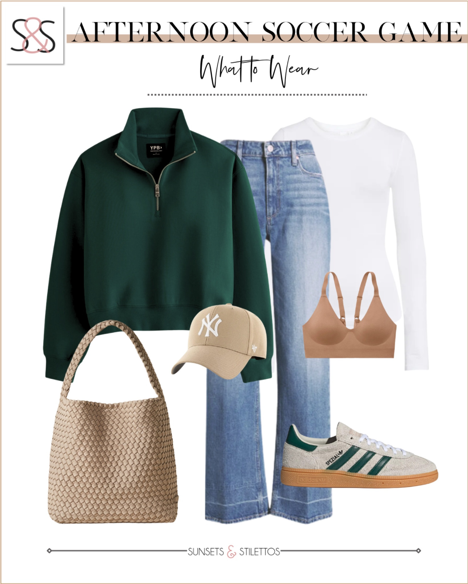 Stay cozy and stylish in the sideline with this laid-back yet polished outfit. Perfect for cheering while feeling comfortable and confident.

Sunsets and Stilettos, casual sportswear, game outfit idea, green pullover, mom-friendly style