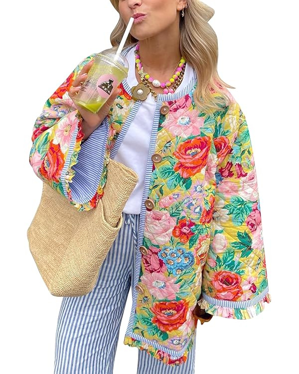 COZYPOIN Women Floral Quilted Jacket Long Sleeve Printed Lightweight Padded Jacket Puffer Coat Ou... | Amazon (US)