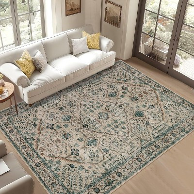 9x12 Soft Vintage Neutral Washable Area Rug - Non-Slip, Low-Pile, Boho Farmhouse Style for Dining Room, Beige/Blue | Target