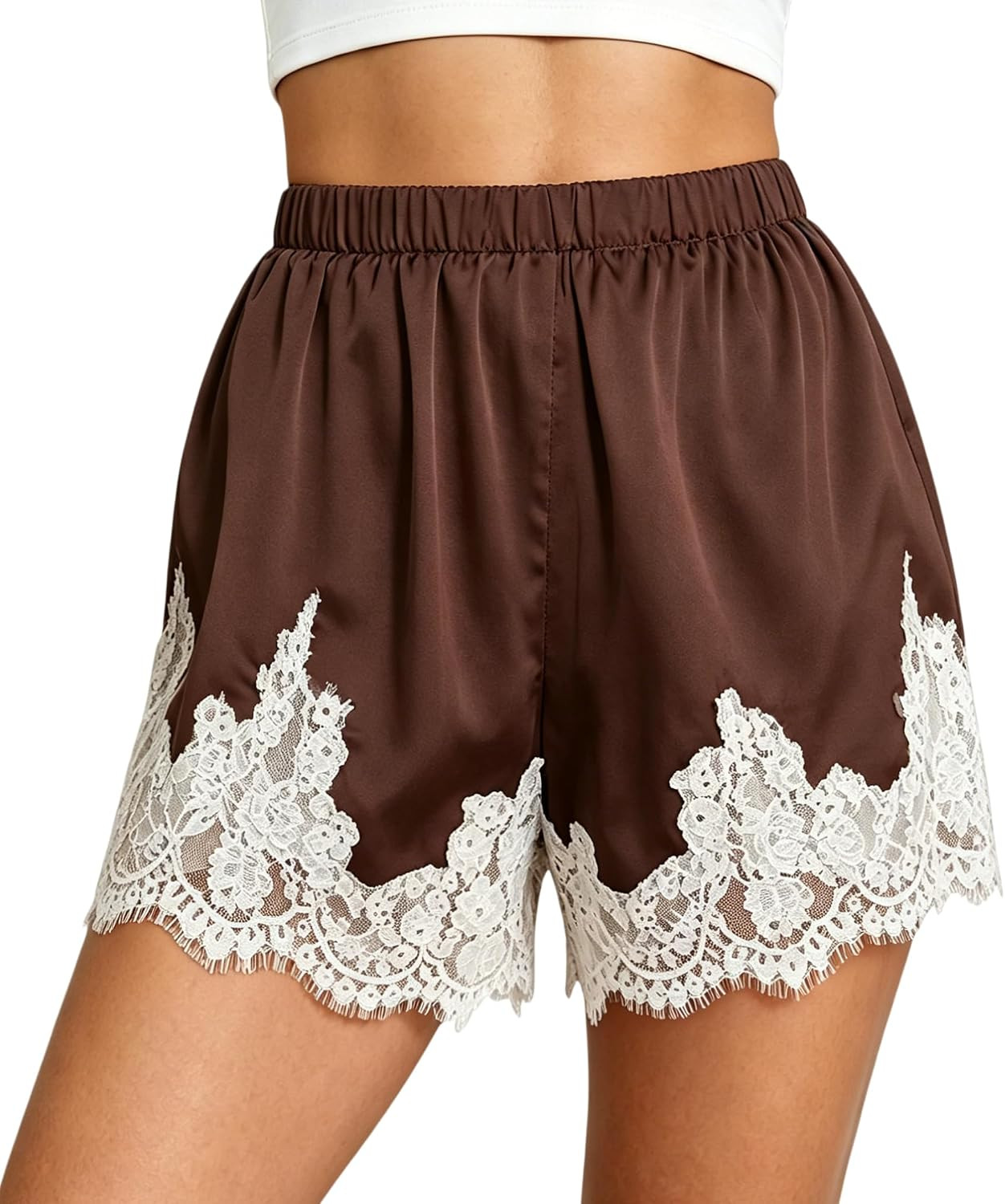 Satin Shorts for Women Elastic Waist Lace Slip Mini Shorts Pettipants Silk Boxer Short Lounge Sleepwear Bottom | Amazon (US)