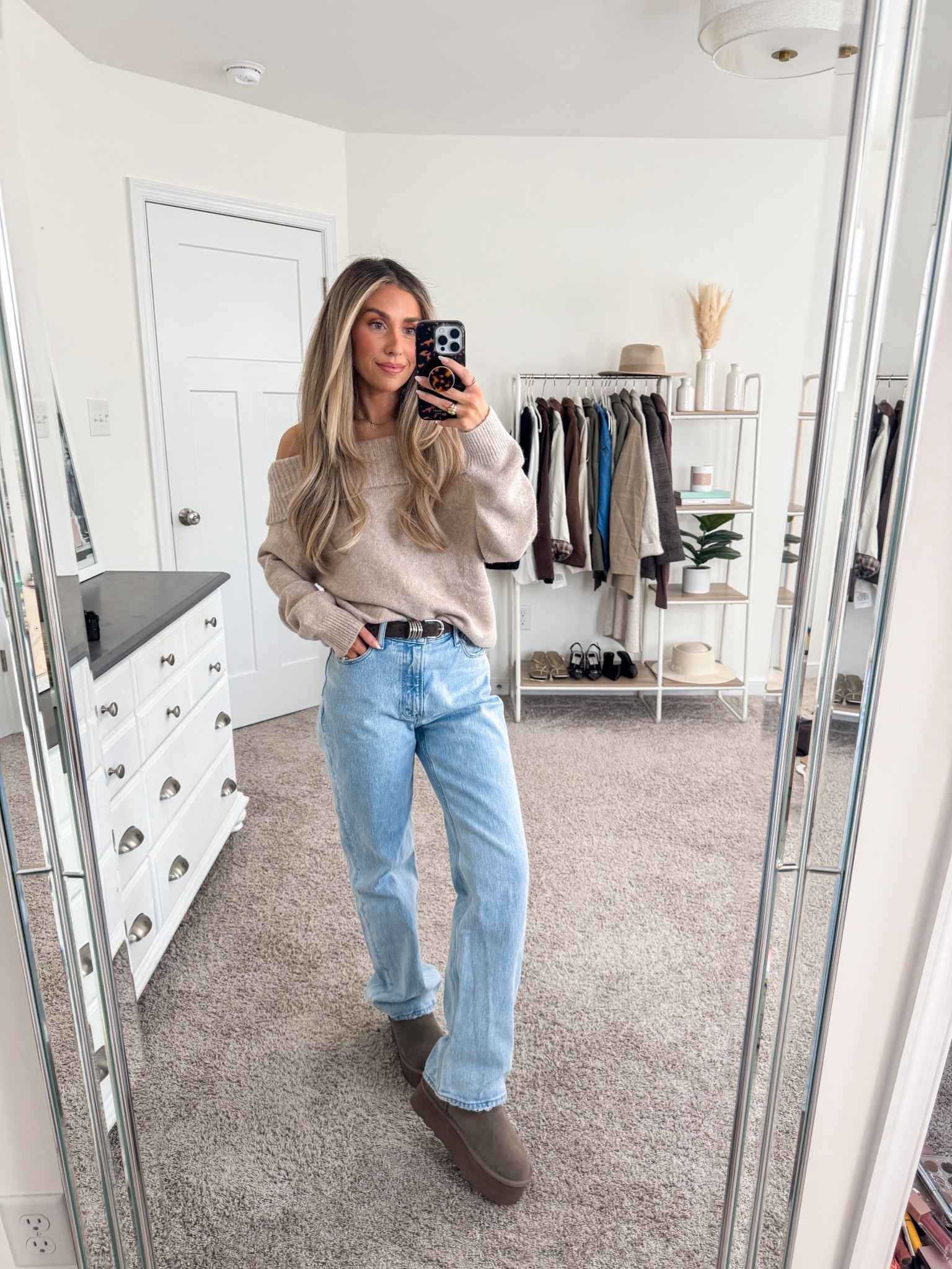 Casual fall outfit idea | thanksgiving outfit idea 
+ off the shoulder sweater: small 
+ jeans: 24 short 
+ amazon Ugg Ulta mini platforms: size up if in between  

#LTKFindsUnder50 #LTKSeasonal #LTKFindsUnder100