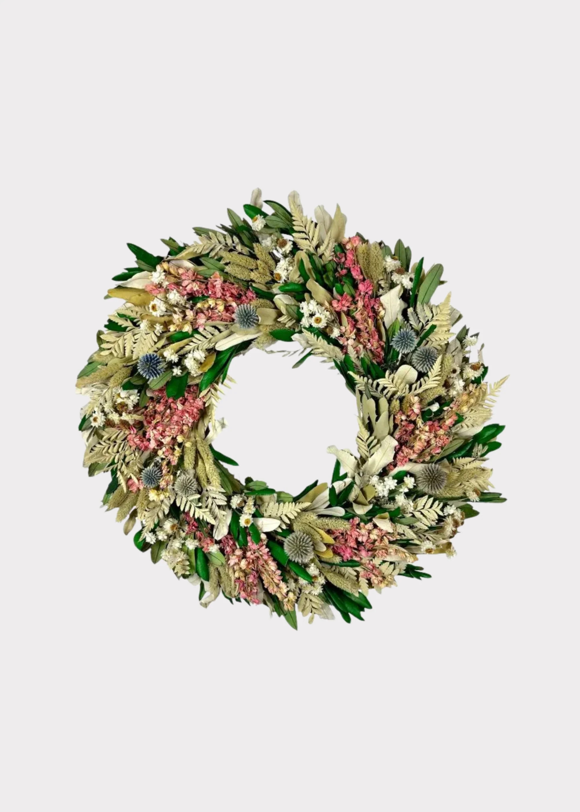 Pink Larkspur and Green Leaf Wreath | Dried Flower Wreaths | Afloral | Afloral