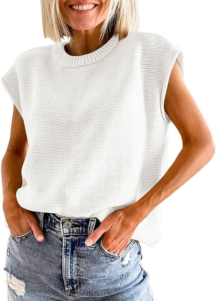 Womens Summer Sweater Vest Cap Sleeve Crew Neck Casual Loose Fit Knit Lightweight Pullover Tank T... | Amazon (US)