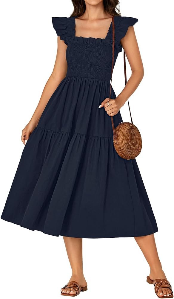 Rooscier Women's Square Neck Smocked Ruffle Sleeveless Dress A Line Summer Midi Sundress | Amazon (US)