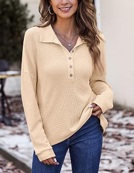 HOTOUCH Women's Waffle Knit Shirts Casual Button Down V Neck Blouses Long Sleeve Stand Collar Fal... | Amazon (US)