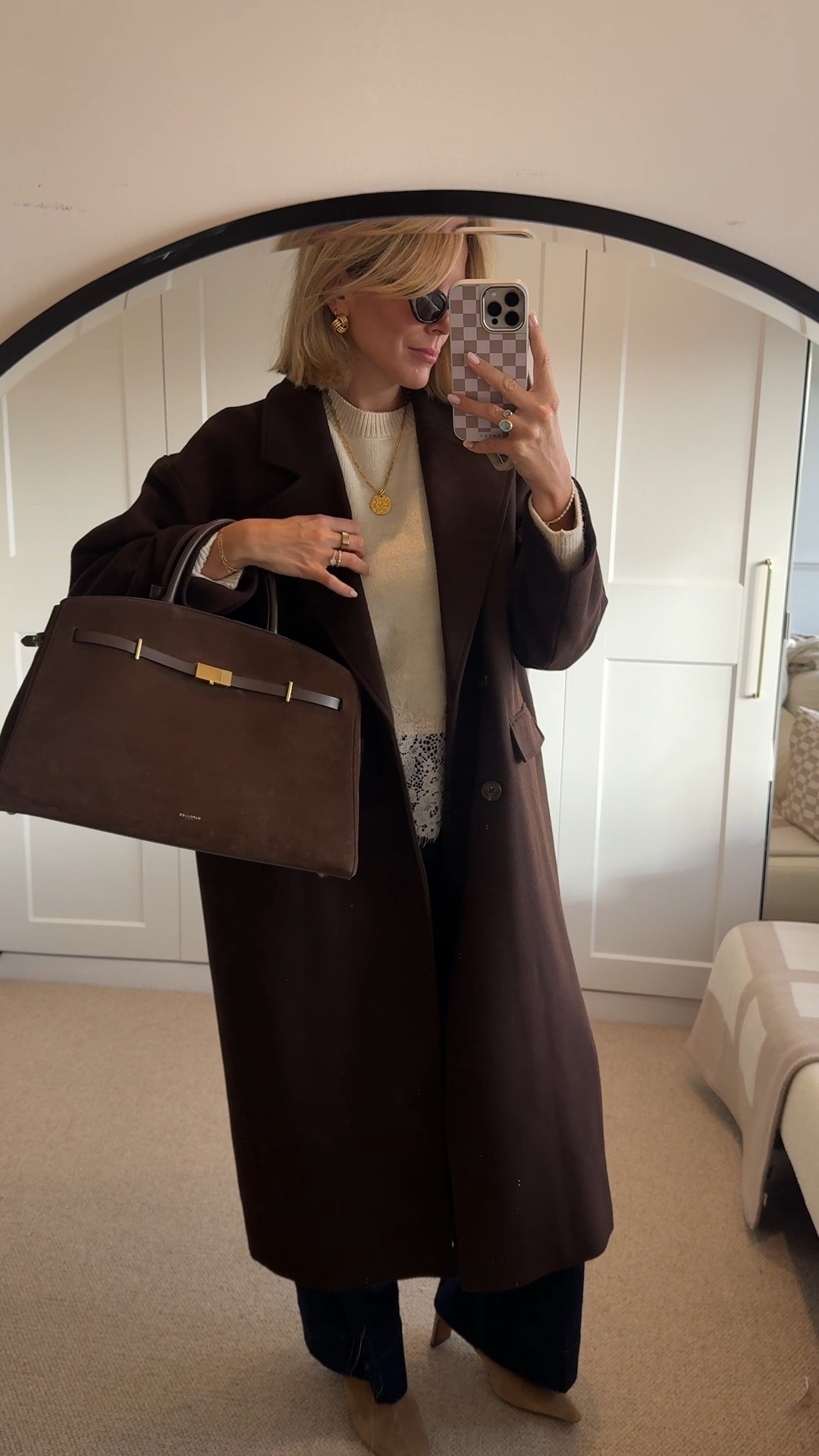 Chocolate brown wool coat, indigo wide jeans, jumper with lace, brown suede bag, winter outfit 

#LTKwinter #LTKuk #LTKfestive