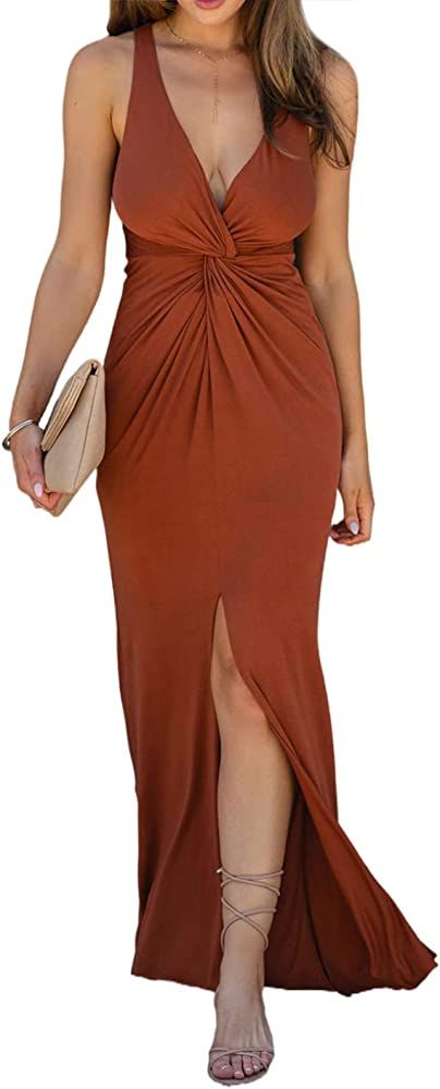 Sidefeel Womens 2023 Summer Sleeveless Twist Front Maxi Dress Sexy V Neck High Slit Party Evening... | Amazon (US)