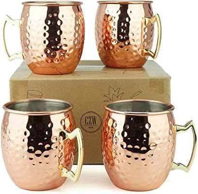 PG Copper Moscow Mule Mugs | Large Size 19.5 ounces | Set of 4 Hammered Cups | Stainless Steel Li... | Amazon (US)