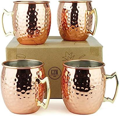 PG Copper Moscow Mule Mugs | Large Size 19.5 ounces | Set of 4 Hammered Cups | Stainless Steel Li... | Amazon (US)