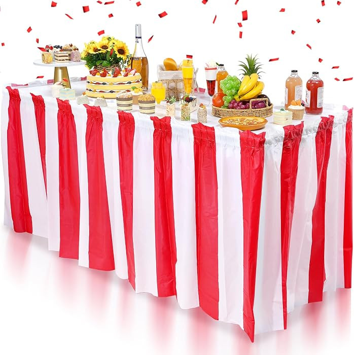 3 Pack Carnival Table Skirt Party Decorations, Red and White Striped Table Skirts, Disposable Tab... | Amazon (US)