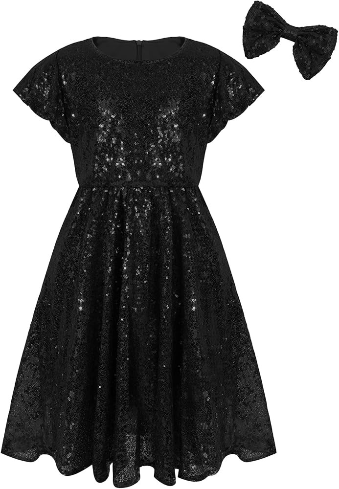 EXARUS Girls Sparkly Dresses Ruffle Sleeve Glitter Sequin Crew Neck A-Line/Bodycon/Tunic Dress fo... | Amazon (US)