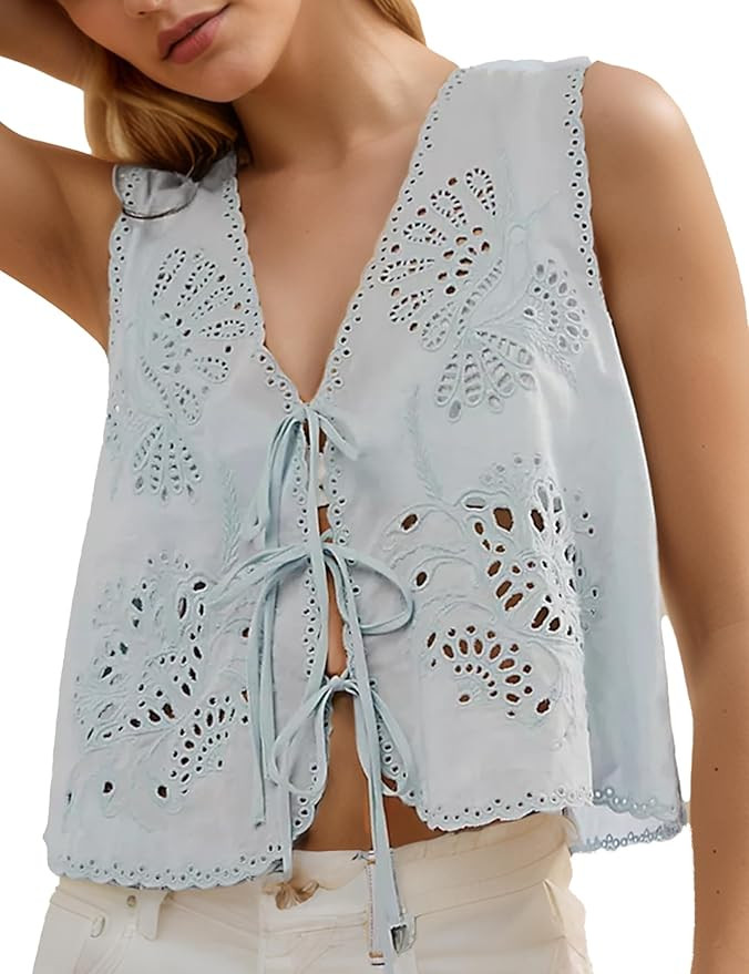 Women Summer Beach Boho Eyelet Embroidered Tie Front Tank Tops Sleeveless Button Down Fashion Cut... | Amazon (US)