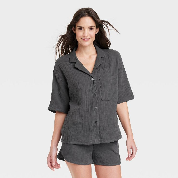 Women's 100% Cotton Gauze Short Sleeve Notch Collar Top - Stars Above™ | Target
