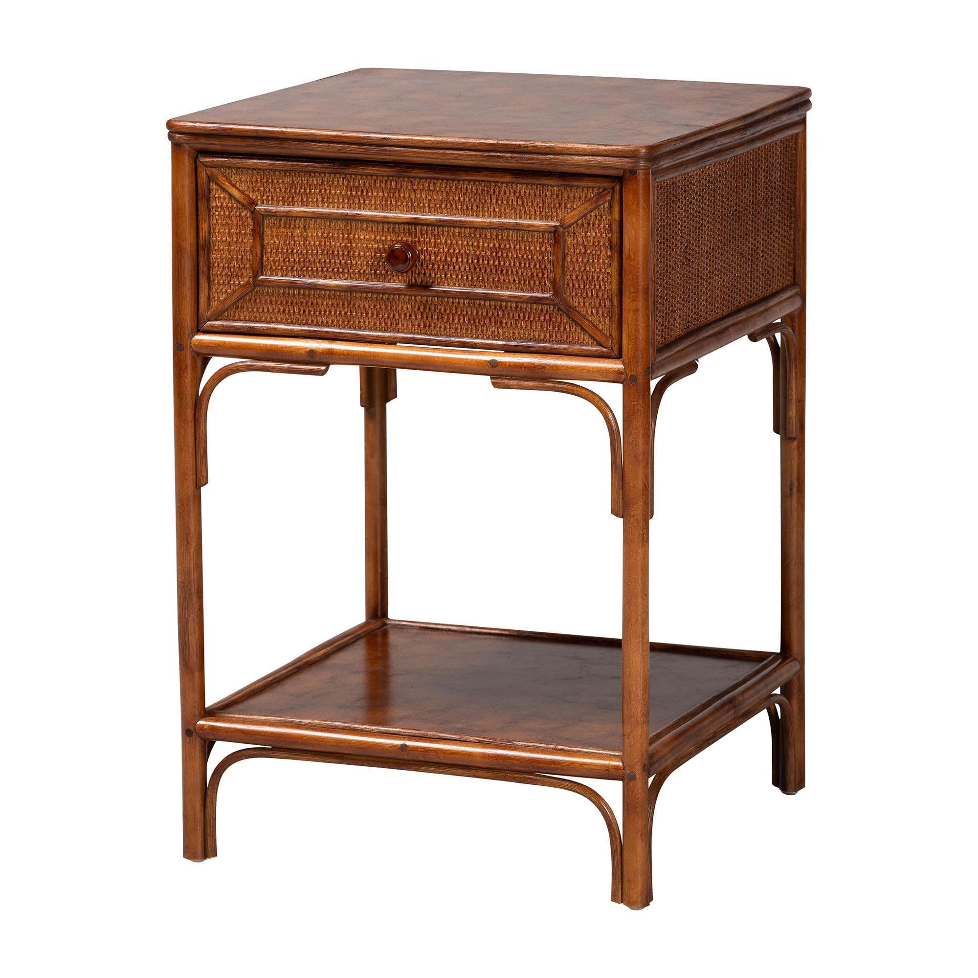 Amazon.com: Bali & pari Basile Marbled Tortoise Natural Rattan End Table - Handwoven Wicker Accent Table with Geometric Overlay Drawer and Open Shelf for Living Room : Home & Kitchen | Amazon (US)