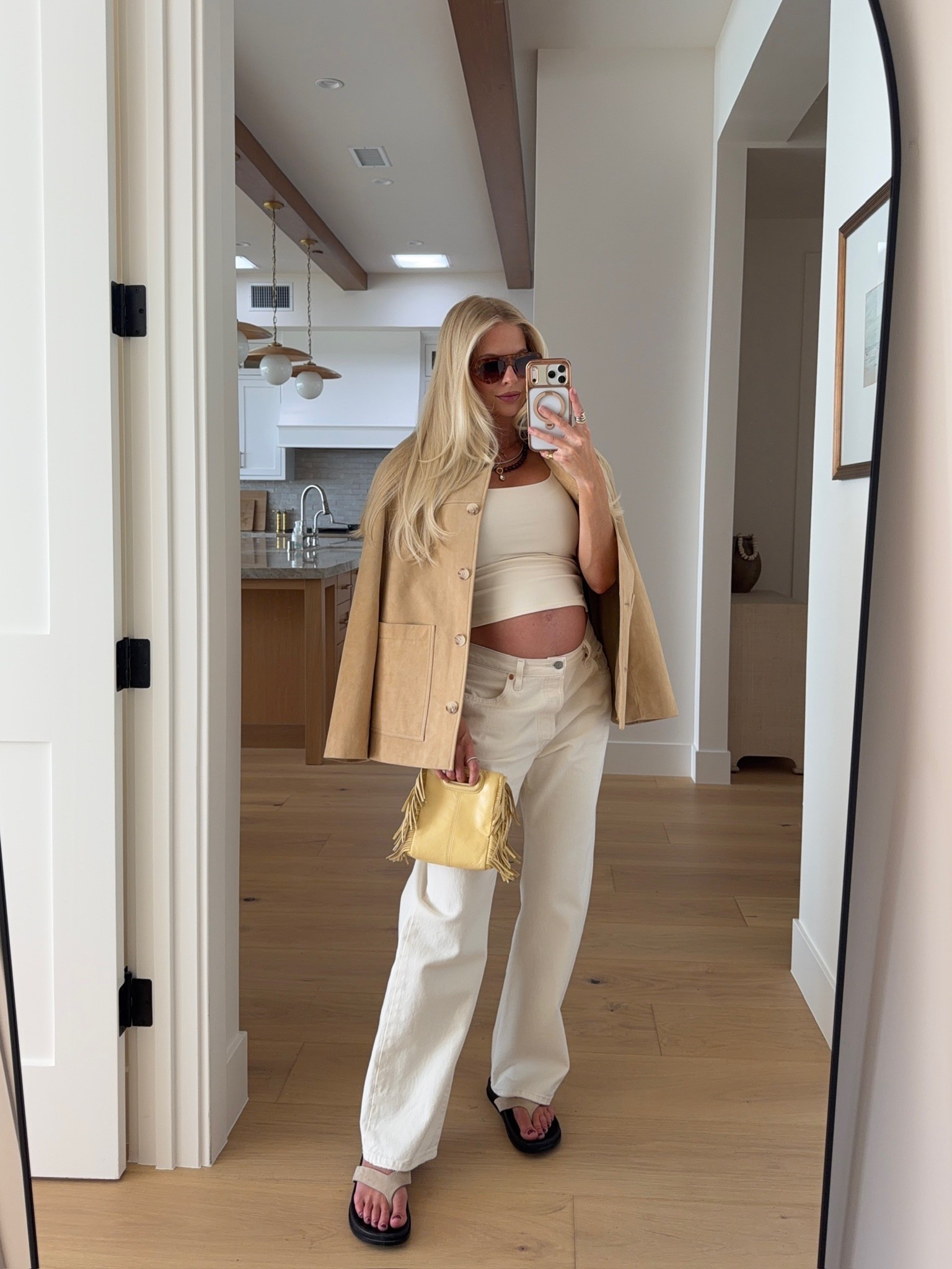 Wearing a small in jacket, medium tank, 31 in jeans (sized up for pregnancy, shoes run tts! Code KATHLEEN20 for discount on rings. #kathleenpost

Spring transition outfit, spring outfit 2026, bump friendly look, maternity outfit, spring lunch date 

#LTKBump #LTKootd #LTKSeasonal