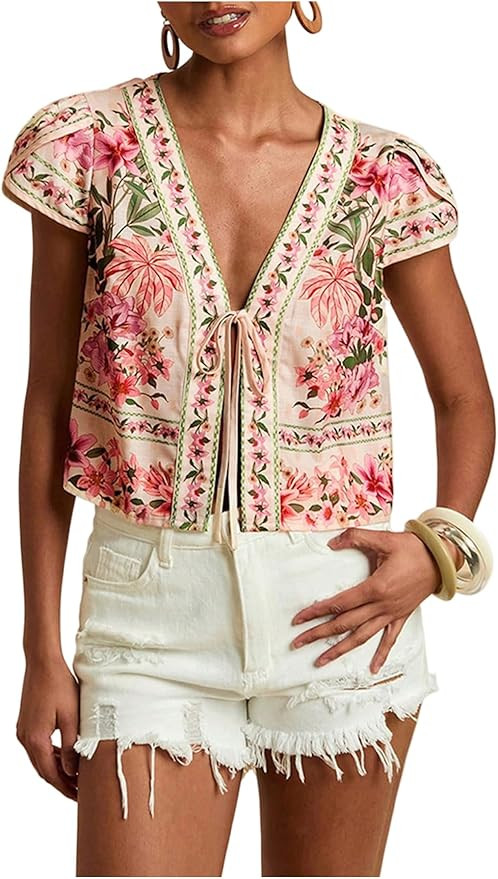 MakeMeChic Women's Boho Tops Summer Floral Deep V Neck Tie Front Blouse | Amazon (US)