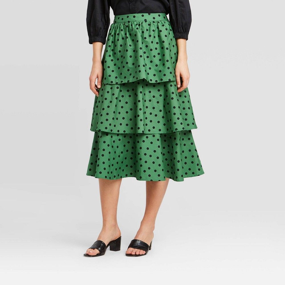 Women's Polka Dot Mid-Rise Tiered Ruffle Midi Skirt - Who What Wear Green 10 | Target