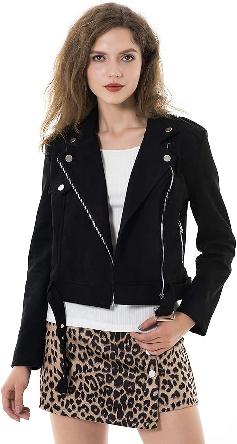 Apperloth Faux Suede Jackets for Women Long Sleeve Zipper Short Moto Biker Coat | Amazon (US)