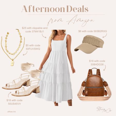 Afternoon deals from Amazon include a white maxi dress, visor, backpack purse, strappy sandals, and a layered initial necklace. 

Ootd, Amazon fashion, tall fashion, deal of the day, white dress, vacation outfit, date night, summer outfit 

#LTKsalealert #LTKshoecrush #LTKfindsunder50