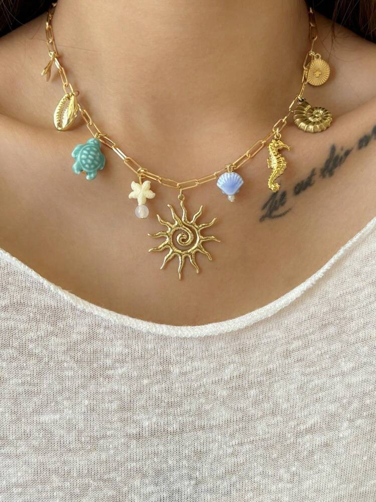 Charming Ceramic Turtle, Scallop, Flower, Copper Sun, Shell, Stainless Steel Conch, Seahorse Pend... | SHEIN