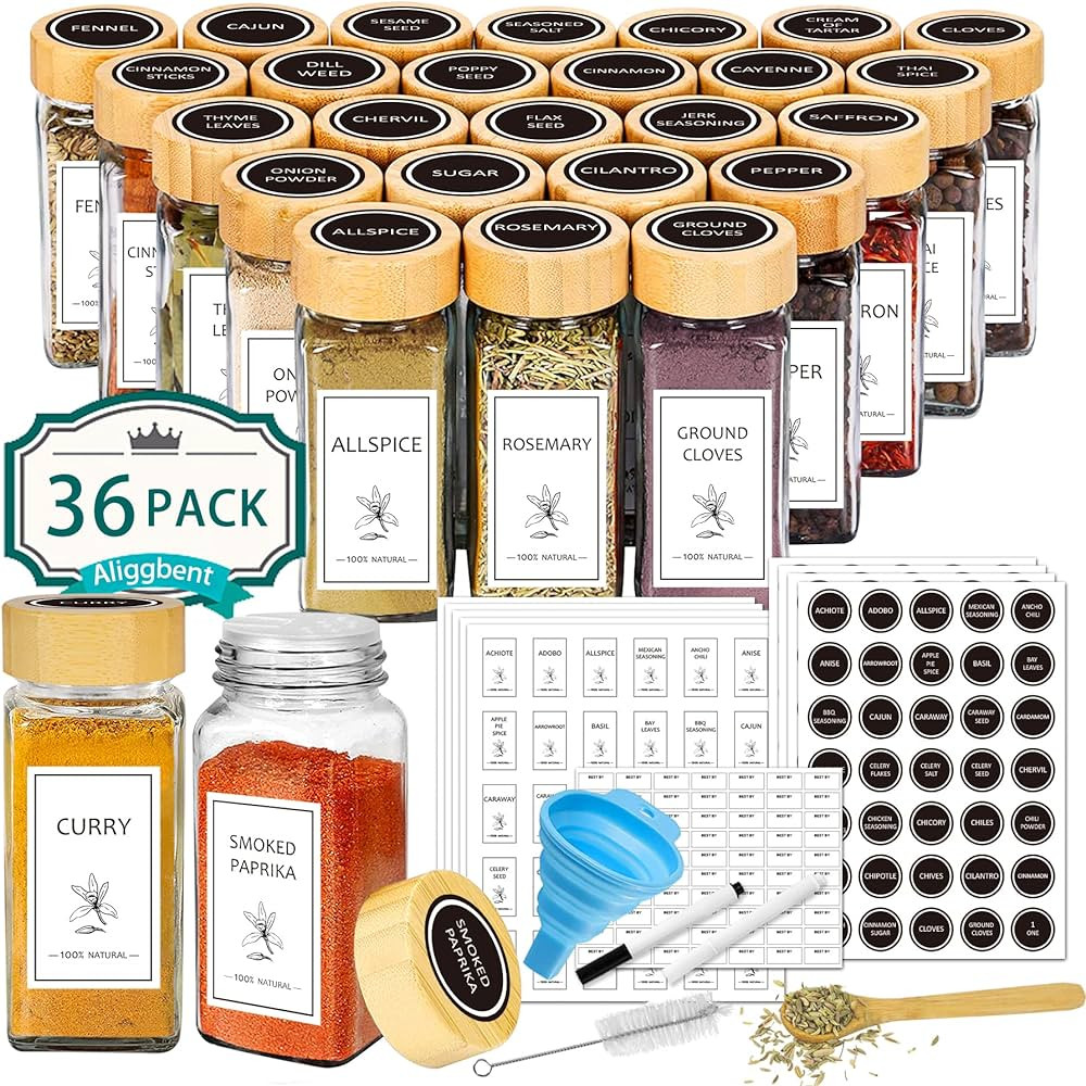 Aliggbent Spice Jars with Lable, 36 Pcs 4 oz Glass Spice Jars with Bamboo Lids, Spice Containers ... | Amazon (US)