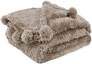 PAVILIA Tan Taupe Sherpa Throw Blanket for Couch, Pom Pom | Fluffy Plush Soft Blanket for Sofa Be... | Amazon (US)