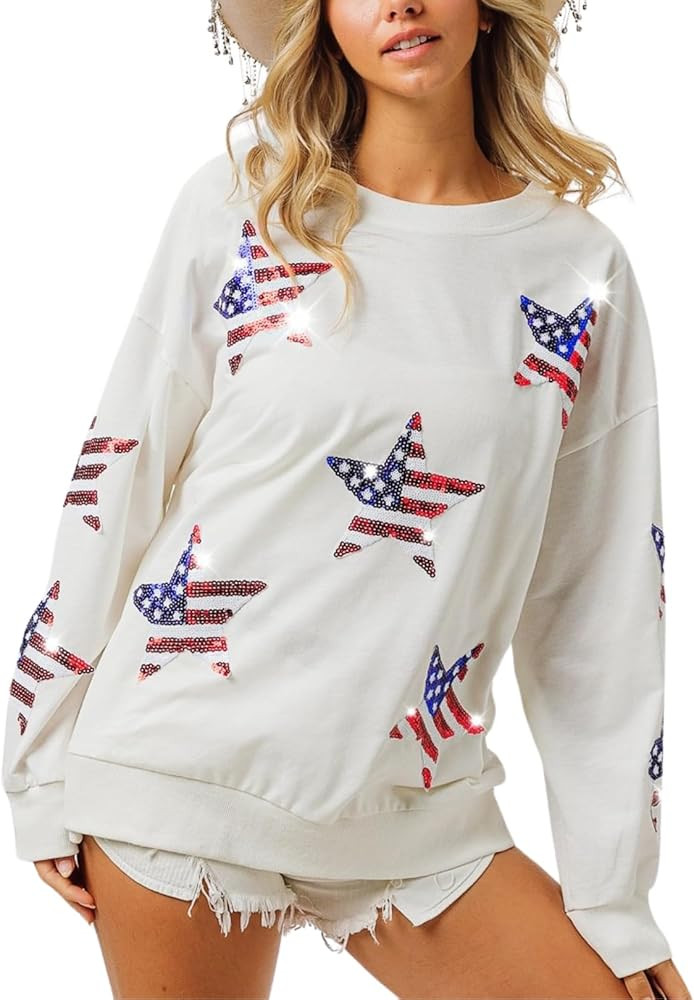 Womens American Flag Theme Sequin Star And USA Letter Patches Sweatshirt Sparkly 4th of July Pull... | Amazon (US)