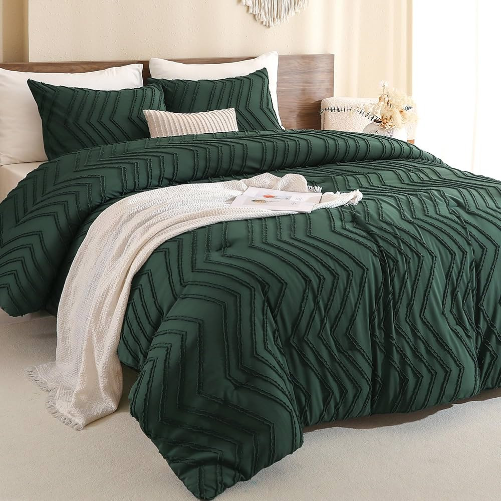 Litanika King Comforter Set Dark Emerald Green,Boho Chevron Tufted Bedding Comforter Sets for Kin... | Amazon (US)